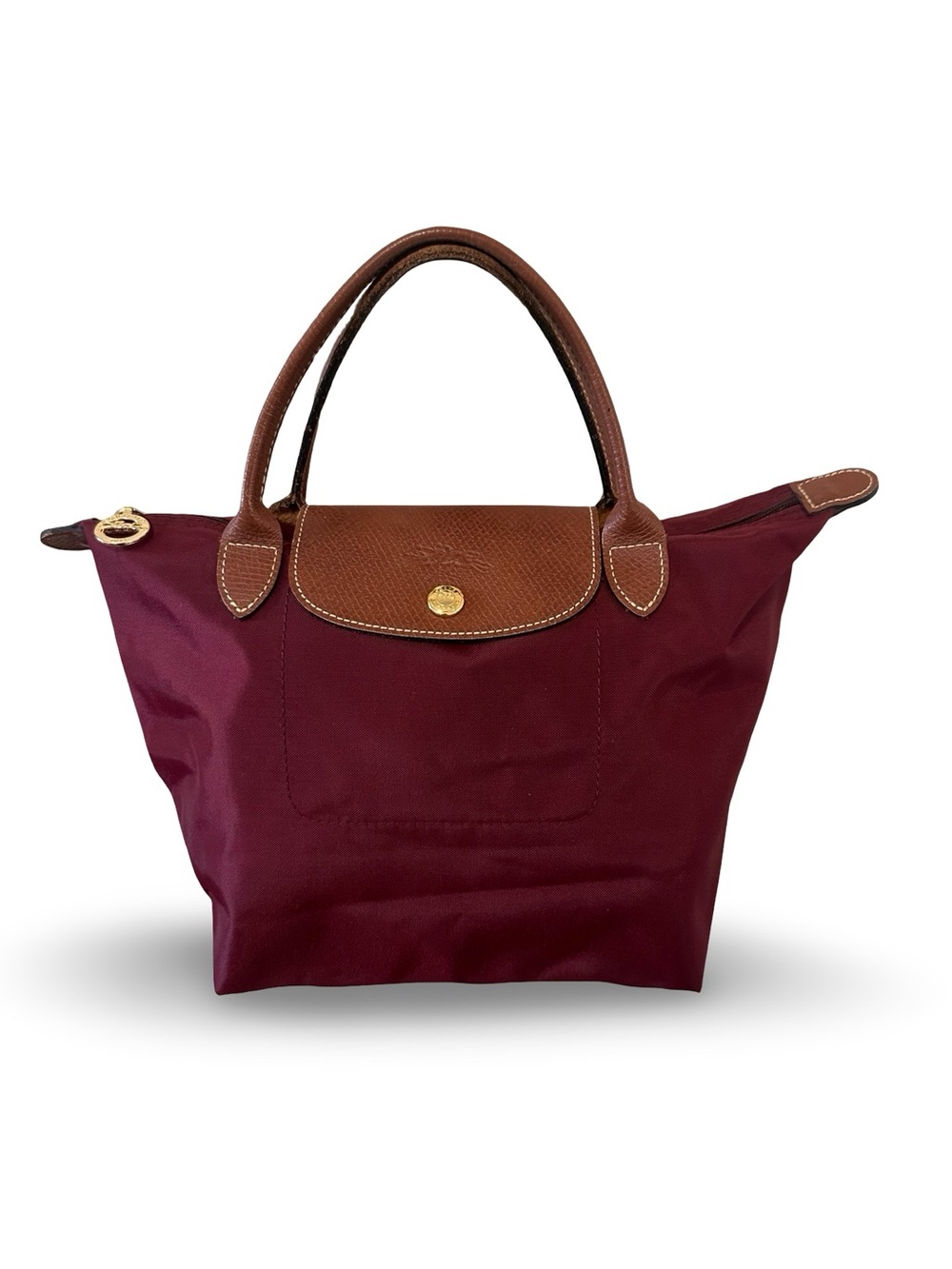Longchamp Pilage Burgundy Nylon Tote with Brown Leather Trim